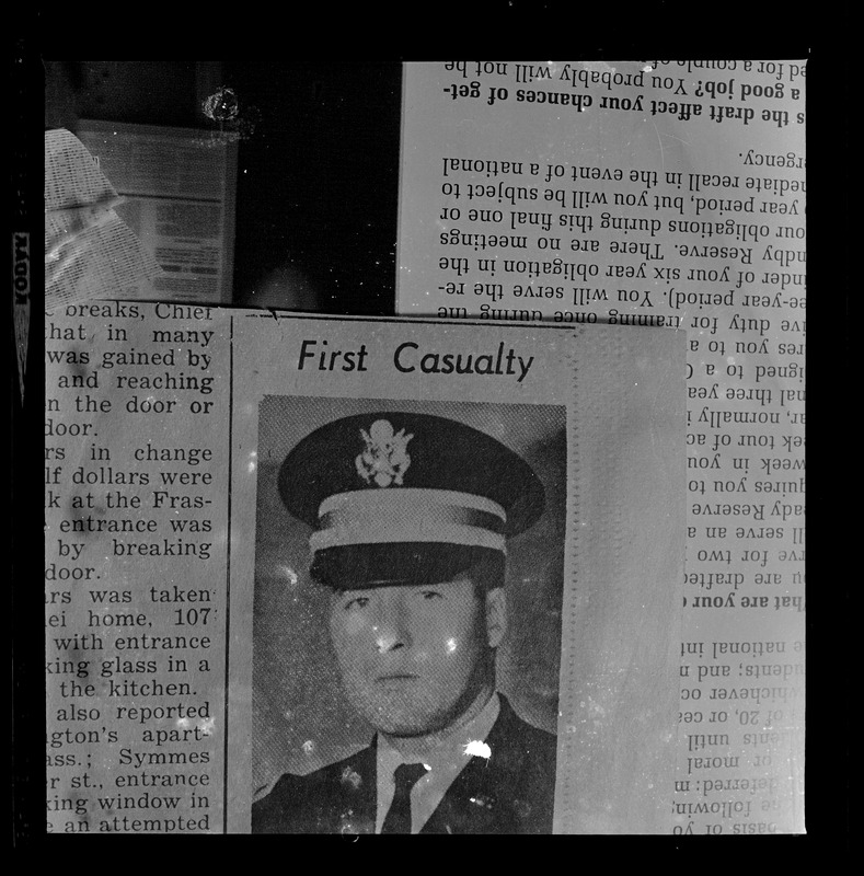 Newspaper clipping with photo of Lt. Joseph X. Grant, Arlington's first casualty in the Vietnam War