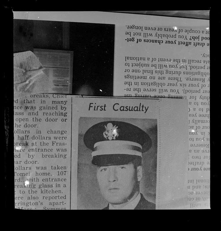 Newspaper clipping with photo of Lt. Joseph X. Grant, Arlington's first casualty in the Vietnam War