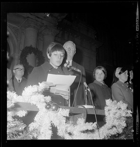Girl speaking at City Hall Christmas lighting ceremony