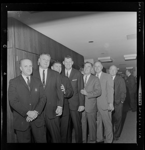 Gene Goodreault, John Yauckoes, Msgr. George Kerr, Chet Gladchuk, Joe Zabilski, Joe Manzo, and Walt Dubzinski at the Sheraton-Boston for dinner in honor of the 1941 Boston College Sugar Bowl team