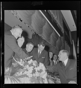 John Yauckoes, Frank Leahy, Msgr. George Kerr, Chet Gladchuk, and Gov. John Volpe at dinner in honor of the 1941 Boston College Sugar Bowl team