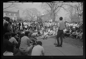 Tufts student addresses fellow students on campus and gives his views on why ROTC should be dropped at the school