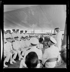 Rear Admiral Joseph C. Wylie speaking at Tufts Naval ROTC commissioning ceremony aboard Old Ironsides