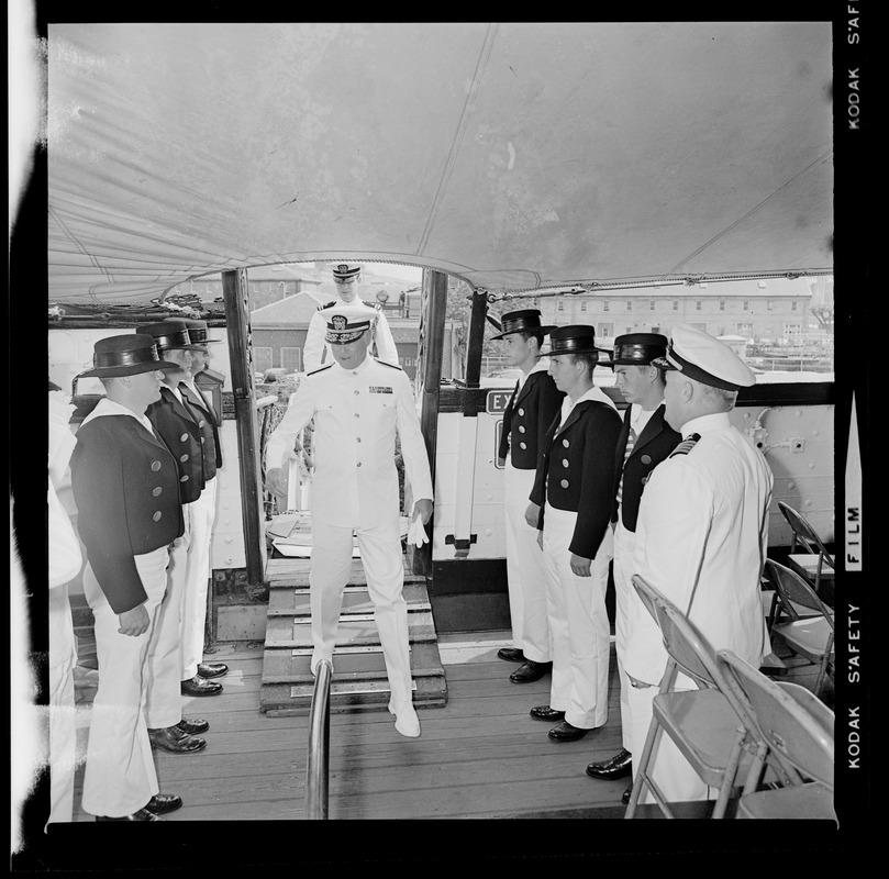 Rear Admiral Joseph C. Wylie boarding Old Ironsides for Tufts Naval ROTC commissioning ceremony