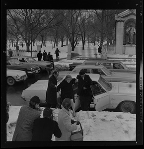 Jane Spock and Dr. Benjamin Spock arriving at Arlington Street Church for anti-draft rally