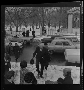 Dr. Benjamin Spock arriving at Arlington Street Church for anti-draft rally