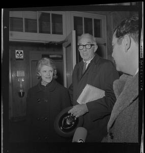 Jane Spock and Dr. Benjamin Spock at the Federal Building in Boston for his arraignment on charges of aiding draft resisters