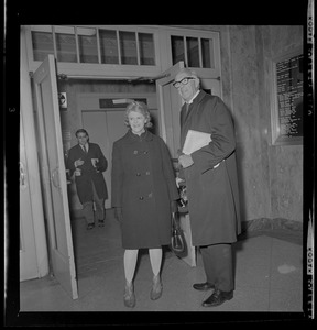 Jane Spock and Dr. Benjamin Spock at the Federal Building in Boston for his arraignment on charges of aiding draft resisters