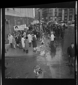 Protesters outside the Federal Building in Boston during arraignment of the "Boston Five" on charges of aiding draft resisters