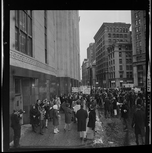 Protesters outside the Federal Building in Boston during arraignment of the "Boston Five" on charges of aiding draft resisters