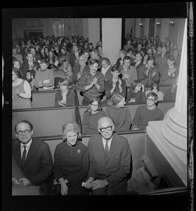 Anti-draft rally at Arlington Street Church, with William Sloane Coffin, Jane Spock, and Dr. Benjamin Spock in the first pew