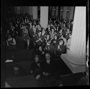 Anti-draft rally at Arlington Street Church, with William Sloane Coffin, Jane Spock, and Dr. Benjamin Spock in the first pew