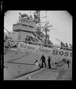 Family members boarding USS Boston docked at South Boston Naval Annex after returning from Vietnam