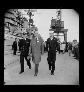 Sen. Leverett Saltonstall with unidentified Naval personnel at South Boston Naval Annex for return of USS Boston