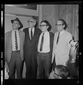 Author-teacher Mitchell Goodman, pediatrician Dr. Benjamin Spock, Harvard graduate student Michael Ferber, and Yale University Chaplain William Sloane Coffin, Jr., shortly after they were found guilty of anti-draft conspiracy charges in "Boston Five" trial