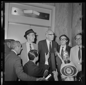 Author-teacher Mitchell Goodman, pediatrician Dr. Benjamin Spock, Harvard graduate student Michael Ferber, and Yale University Chaplain William Sloane Coffin, Jr., shortly after they were found guilty of anti-draft conspiracy charges in "Boston Five" trial