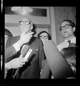 Pediatrician Dr. Benjamin Spock, Harvard graduate student Michael Ferber, and Yale University Chaplain William Sloane Coffin, Jr., shortly after they were found guilty of anti-draft conspiracy charges in "Boston Five" trial