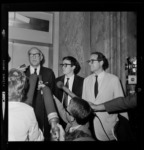 Pediatrician Dr. Benjamin Spock, Harvard graduate student Michael Ferber, and Yale University Chaplain William Sloane Coffin, Jr., shortly after they were found guilty of anti-draft conspiracy charges in "Boston Five" trial