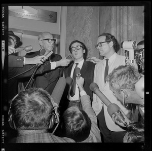 Pediatrician Dr. Benjamin Spock, Harvard graduate student Michael Ferber, and Yale University Chaplain William Sloane Coffin, Jr., shortly after they were found guilty of anti-draft conspiracy charges in "Boston Five" trial