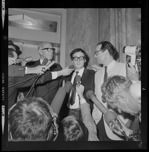 Pediatrician Dr. Benjamin Spock, Harvard graduate student Michael Ferber, and Yale University Chaplain William Sloane Coffin, Jr., shortly after they were found guilty of anti-draft conspiracy charges in "Boston Five" trial