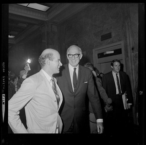 Pediatrician Dr. Benjamin Spock and unidentified man shortly after Spock was found guilty of anti-draft conspiracy charges in "Boston Five" trial