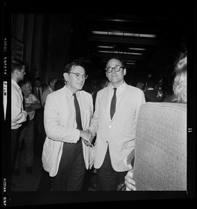 Yale University Chaplain William Sloane Coffin, Jr. and unidentified man shortly after Spock was found guilty of anti-draft conspiracy charges in "Boston Five" trial