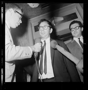 Marcus Raskin talking with reporters after being found innocent of anti-draft conspiracy charges in "Boston Five" trial