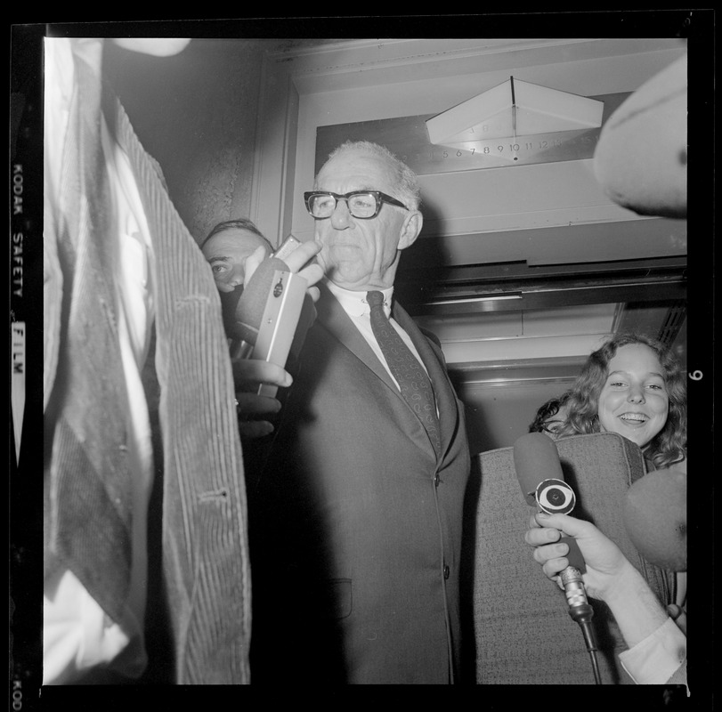 Pediatrician Dr. Benjamin Spock talking with reporters after being found guilty of anti-draft conspiracy charges in "Boston Five" trial