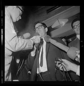 Marcus Raskin talking with reporters after being found innocent of anti-draft conspiracy charges in "Boston Five" trial