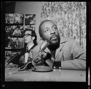 Dick Gregory at press conference at Northeastern University