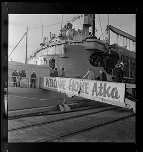 Families of sailors boarding USS Atka at the South Boston Annex, Boston Naval Shipyard