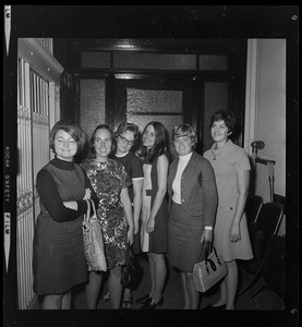 Teachers Sandra Fenton, Constance Egan, Mary McDonough, Anne DeCanio, Mary Ellen Smith, and Charna Heiko at Boston school headquarters