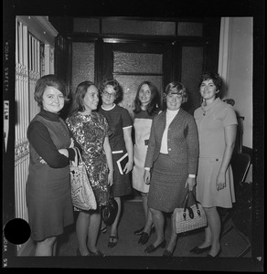 Teachers Sandra Fenton, Constance Egan, Mary McDonough, Anne DeCanio, Mary Ellen Smith, and Charna Heiko at Boston school headquarters