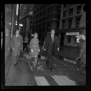 Dr. and Mrs. Benjamin Spock arriving to the Federal Building for draft resistance trial