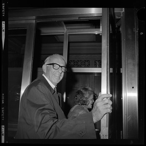 Dr. and Mrs. Benjamin Spock at the Federal Building for the draft trial