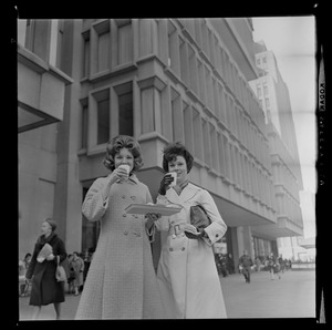 Two unidentified women at tea party before dedication of State Street Bank Building