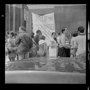 Protesters outside the Federal Building in Boston during sentencing of the "Boston Five"