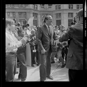 William Sloane Coffin arriving at the Federal Building in Boston for sentencing of the "Boston Five"
