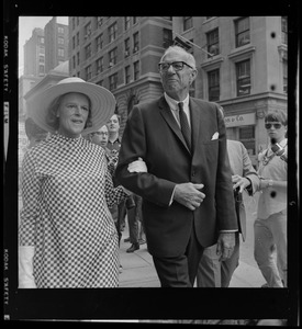 Dr. Benjamin Spock and Jane Spock at Federal Building for sentencing of the "Boston Five"