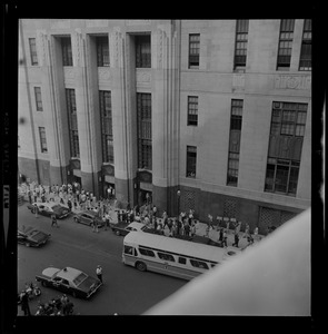 Protesters outside the Federal Building in Boston during sentencing of the "Boston Five"