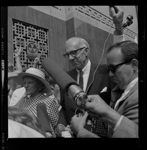 Dr. Benjamin Spock and Jane Spock at Federal Building for sentencing of the "Boston Five"