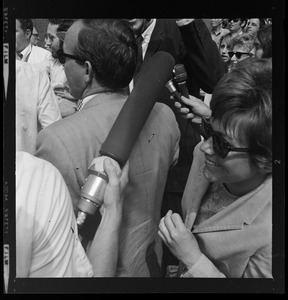 Reporters outside Federal Building for sentencing of the "Boston Five"