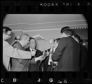 Paul Smith, John Asgeirsson, and F. Lee Bailey being interviewed by reporters outside Massachusetts Supreme Court chambers after hearing about the Boston Strangler