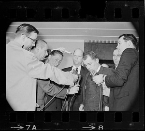 Paul Smith, John Asgeirsson, F. Lee Bailey, and Robert Barton being interviewed by reporters outside Massachusetts Supreme Court chambers after hearing about the Boston Strangler