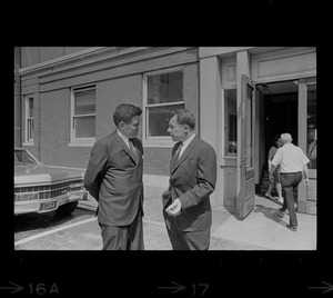 Assistant District Attorney Donald Conn and F. Lee Bailey outside Middlesex Superior Court after Albert DeSalvo pleaded innocent to attack charges