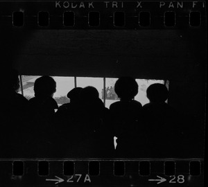 Students looking out window presumably from seized building during Brandeis University protest