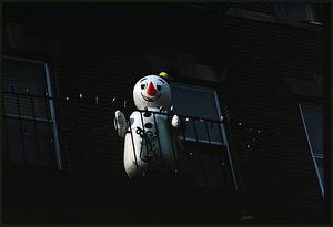 Inflatable snowman on balcony