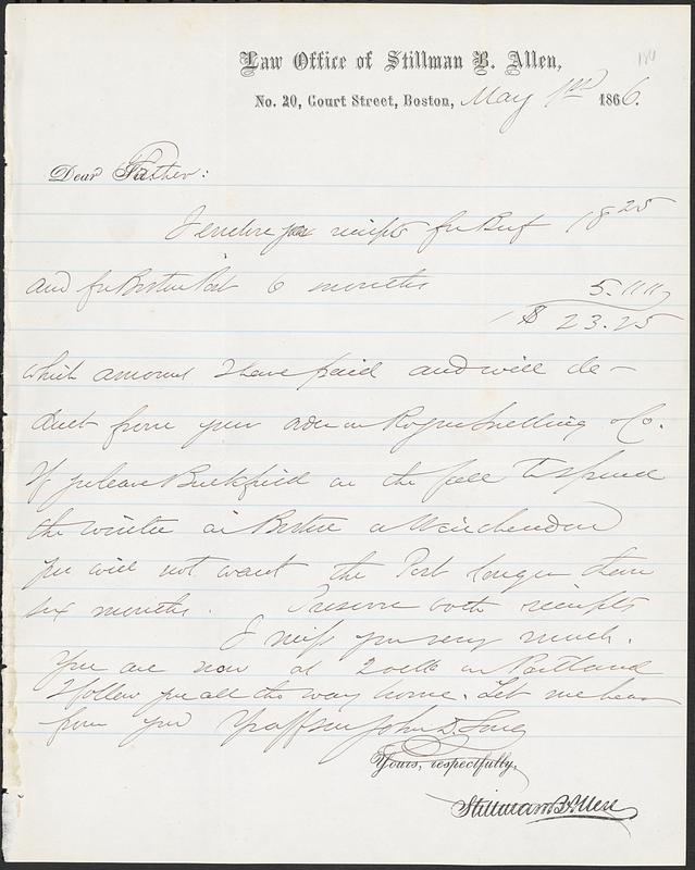 Letter from John D. Long to Zadoc Long, May 1, 1866