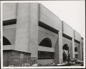 Construction of Boylston Building, Boston Public Library, Blagden Street façade fully glad in granite