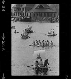 Harvard raft race: Paddling contestants, Cambridge